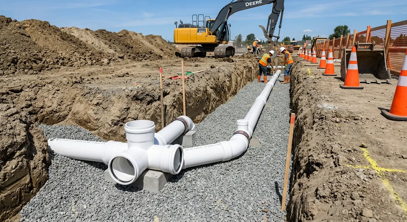 New PVC sewer pipe installation in open trench for Sewer Backup in Bonadelle Ranchos