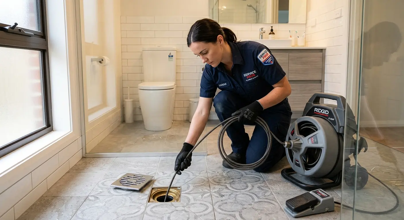 Technician clearing a bathroom floor drain for Sewer Line Replacement in Bonadelle Ranchos